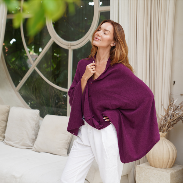 Personalised Plum Purple Pure Cashmere Button Poncho