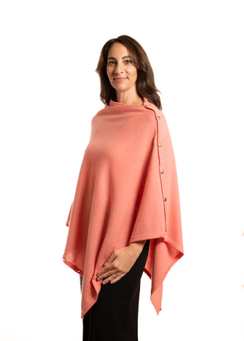 Personalised Coral Pink Pure Cashmere Button Poncho