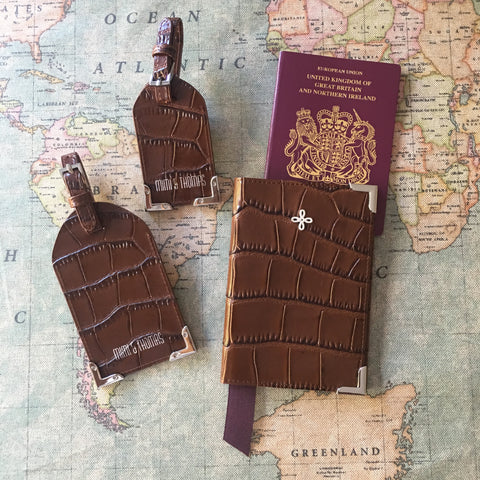 Brown Crocodile embossed leather passport cover and luggage tags set