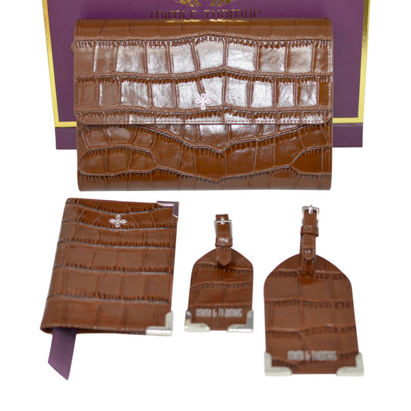 Mimi & Thomas brown croc embossed leather 4pcs travel accessories gift set
