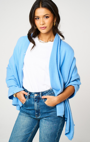 Personalised Sky Blue Pure Cashmere Button Poncho