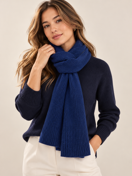 Unisex Navy Pure Cashmere Ribbed Scarf