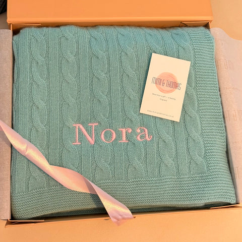 Personalised Eau de Nil Blue Pure Cashmere Baby Blanket
