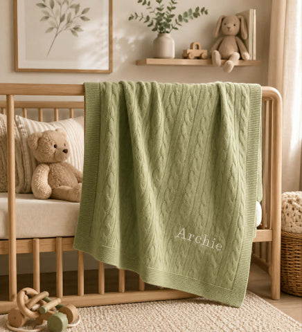 Personalised Sage Green Pure Cashmere Baby Blanket