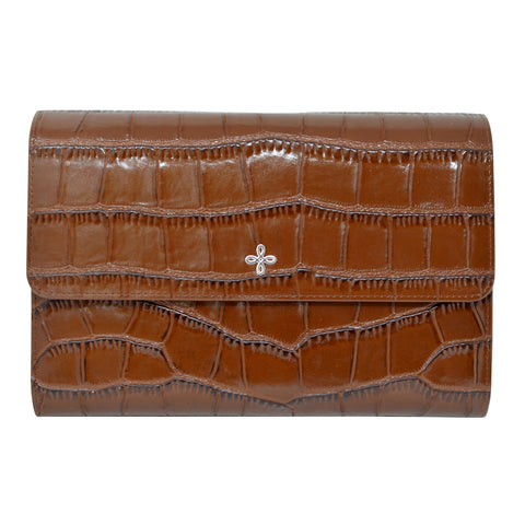 Brown Croc Embossed Leather Travel Wallet