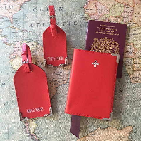 Red nappa leather passport cover and luggage tags set