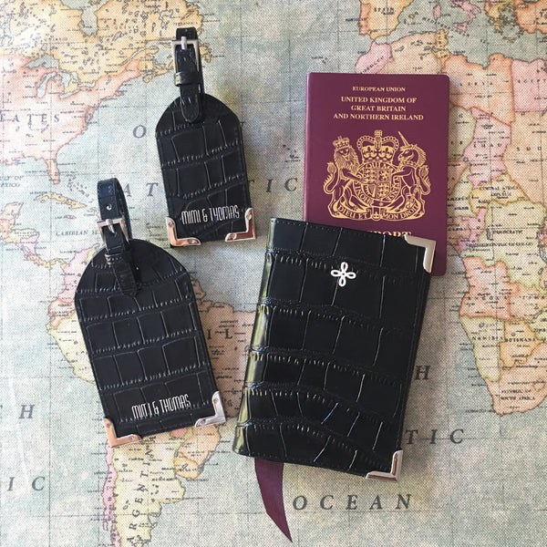 Black Crocodile Embossed leather passport cover and luggage tags set