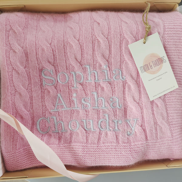 Personalised Pink Pure Cashmere Baby Blanket Mimi & Thomas