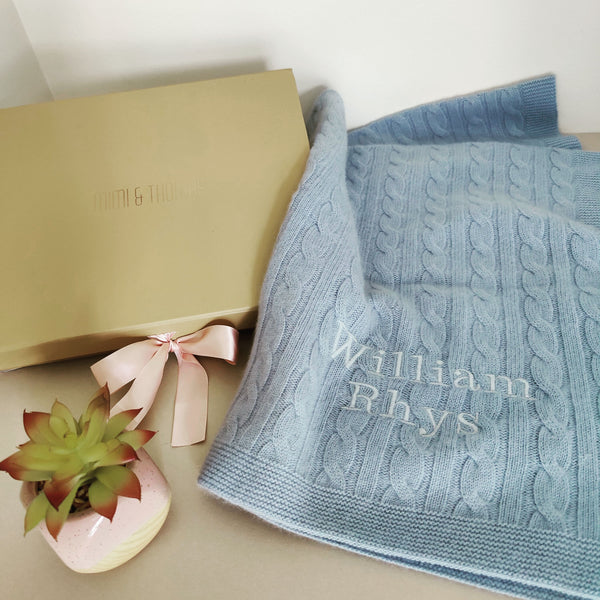 Personalised Blue Pure Cashmere Baby Blanket Mimi & Thomas