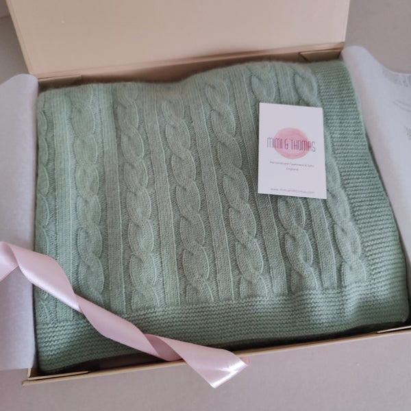 Personalised Sage Green Pure Cashmere Baby Blanket
