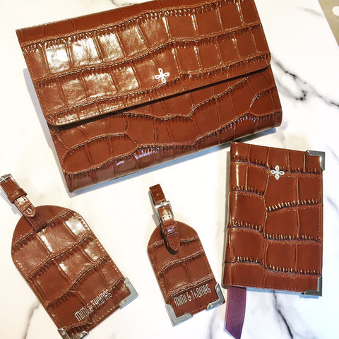 Brown crocodile embossed leather passport cover, travel wallet and luggage tags